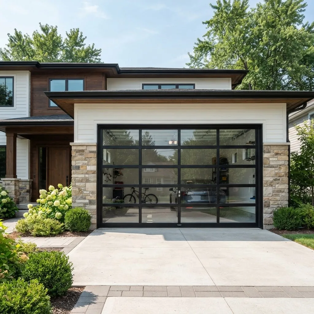 a modern 10x10 glass garage door installed on a suburban home, showing the full door in daylight with visible frame and glass panels, shot