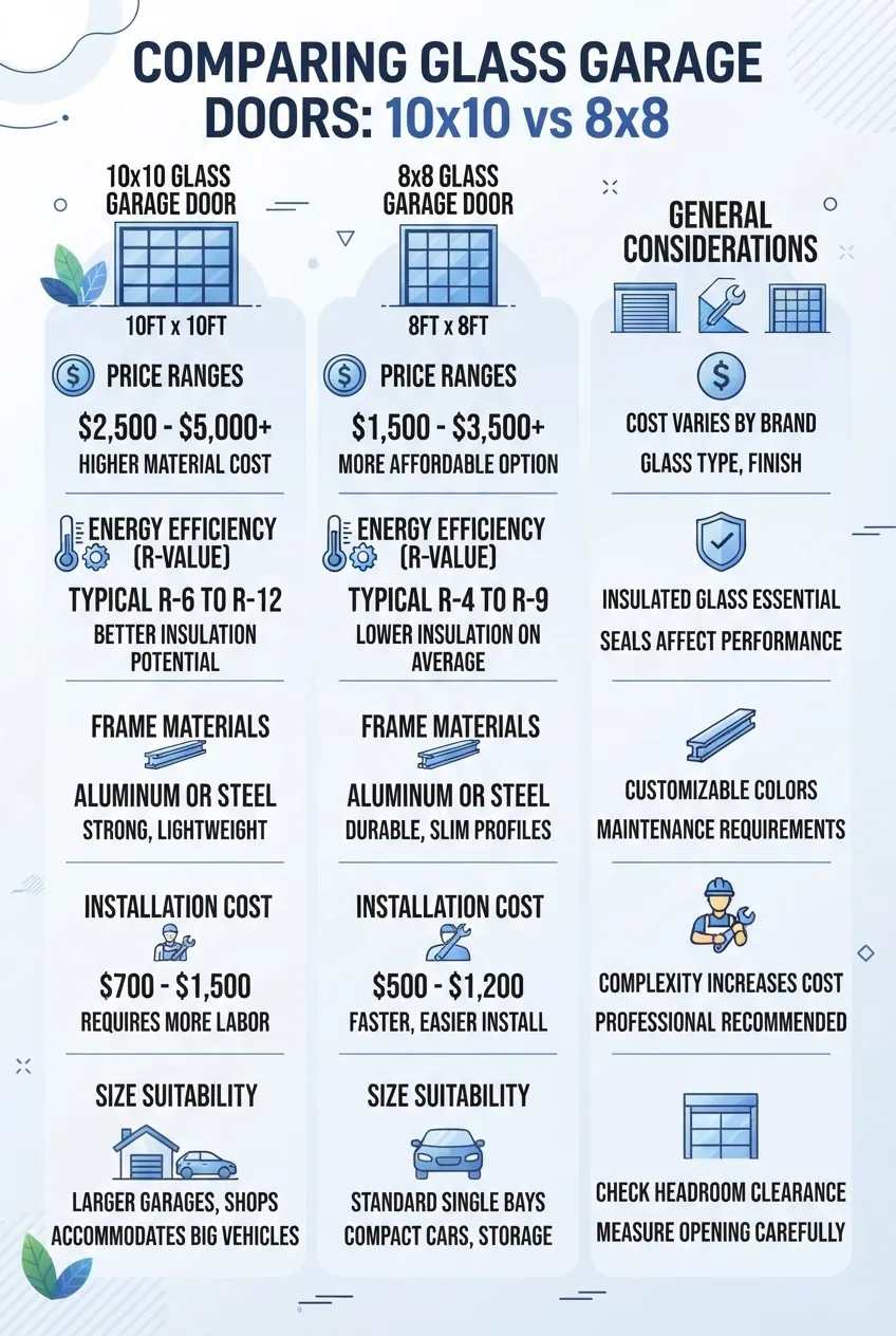 A three-column infographic comparing 10x10 and 8x8 glass garage doors by price ranges, energy efficiency (R-value), frame materials,