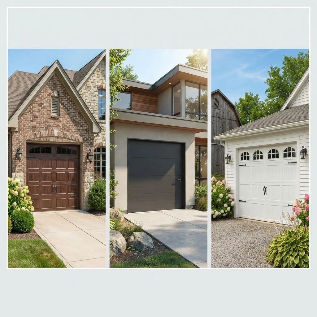 collage of diverse 10x8 garage doors styles including traditional paneled door, modern flush panel, and a door with decorative windows,