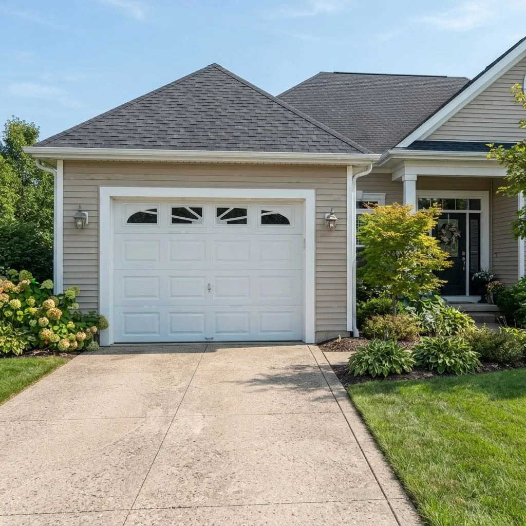 a standard residential garage with a 10 foot wide by 8 foot tall single garage door, clear daylight setting, front view showing door panels