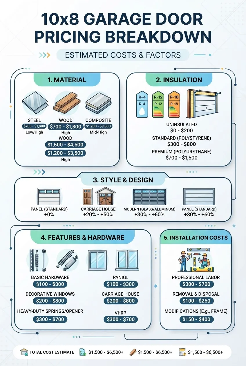 shows a breakdown of 10x8 garage door pricing by material (steel, wood, composite), insulation, style, and installation costs, each section