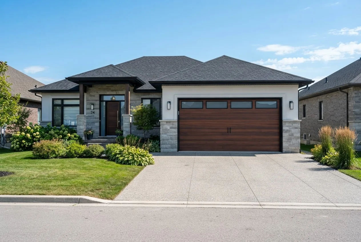 A high-resolution daytime photo of a residential house exterior with a newly installed modern double garage door, showing the full driveway