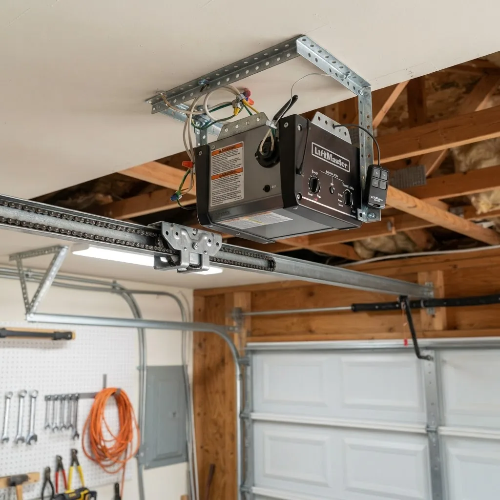 Close-up image of a residential garage door opener motor mounted on ceiling, visible remote control and trolley system, bright utility room