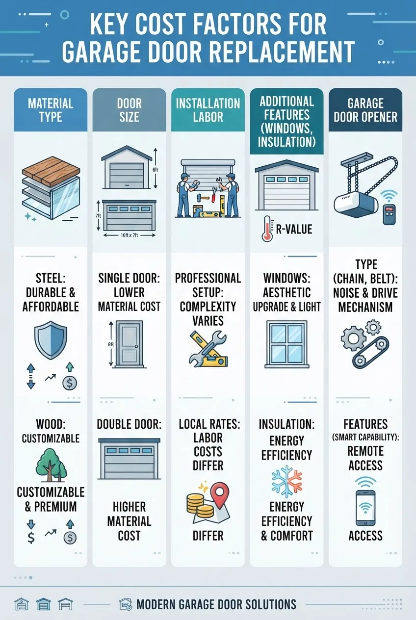 Infographic with five vertical columns showing key cost factors for garage door replacement: material type, door size, installation labor,