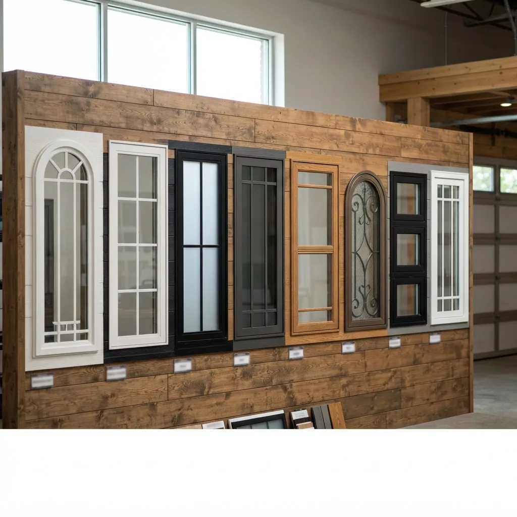 a selection of garage door window styles arranged side by side on wooden display panels: arched, rectangular, frosted, insulated and tinted