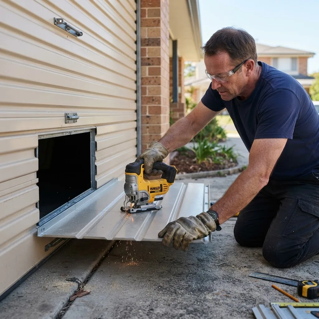 a homeowner carefully cutting a steel garage door panel with a jigsaw outdoors, sunny daytime, clear focus on hands and tool, safety gloves