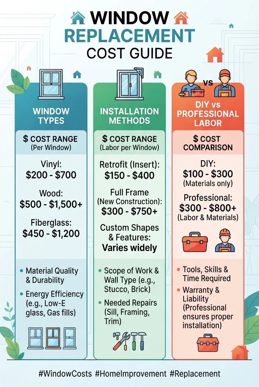 with three vertical columns showing cost range breakdown for “Window Types,” “Installation Methods,” and “DIY vs Professional Labor”; each