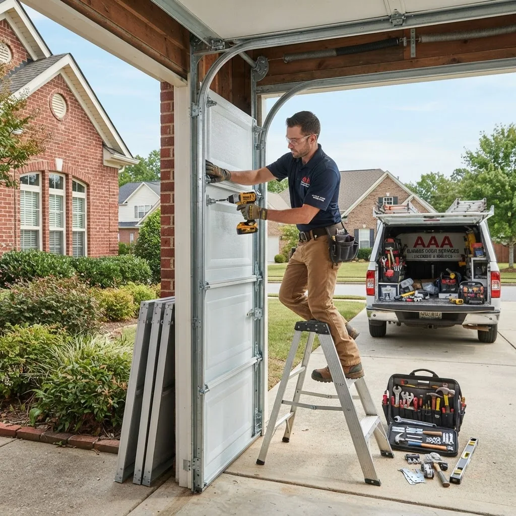 A professional garage door installer at work, mid-action replacing a garage door panel on a residential property, daytime outdoor setting