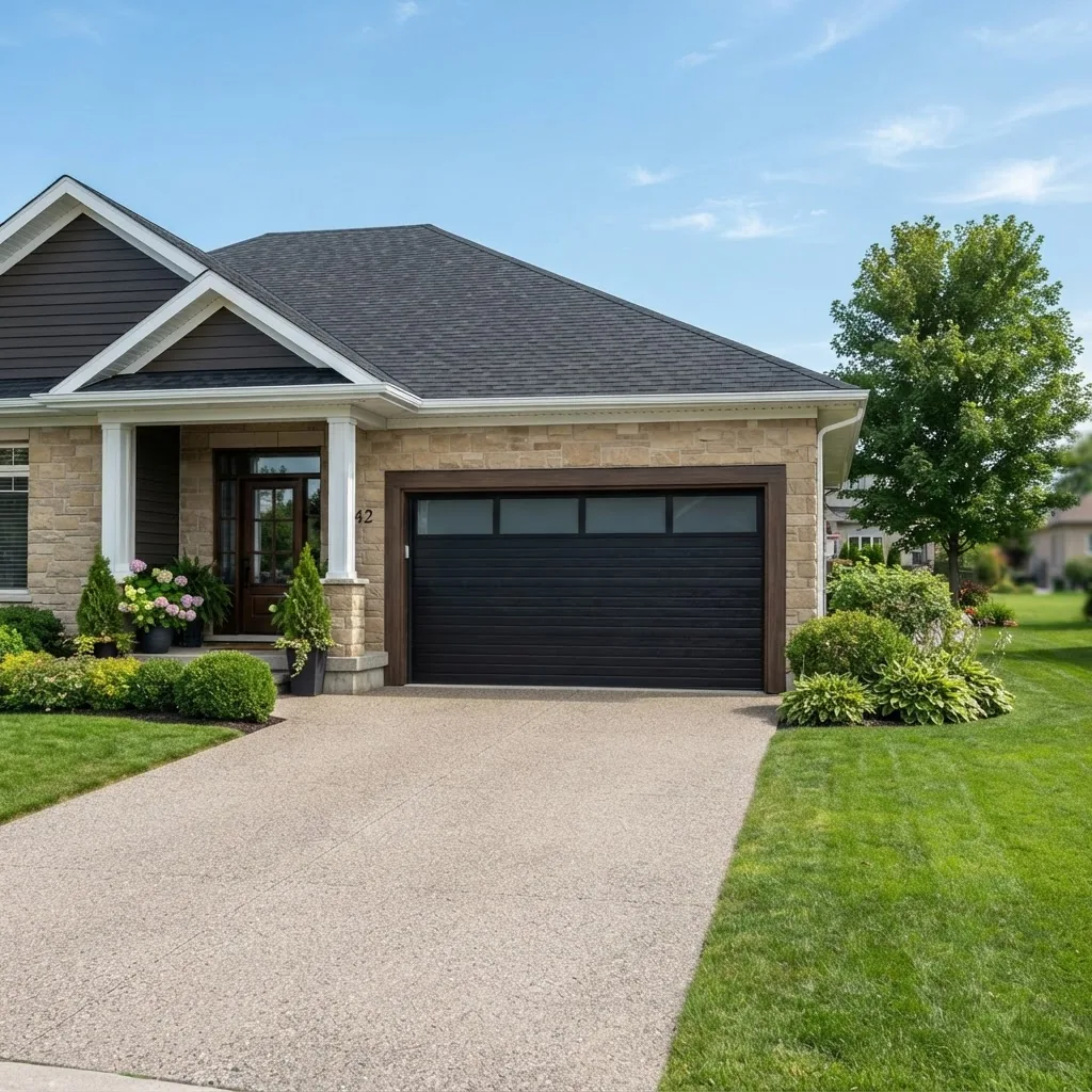 A well-lit suburban home exterior showcasing a modern insulated residential garage door, shot in daylight from a front-angle view,