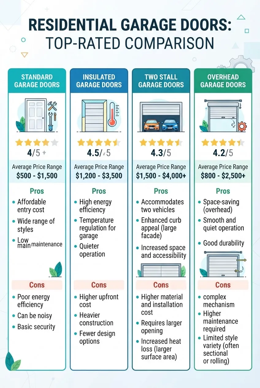 A clean infographic comparing top rated residential garage doors across four categories: standard, insulated, two stall, and overhead
