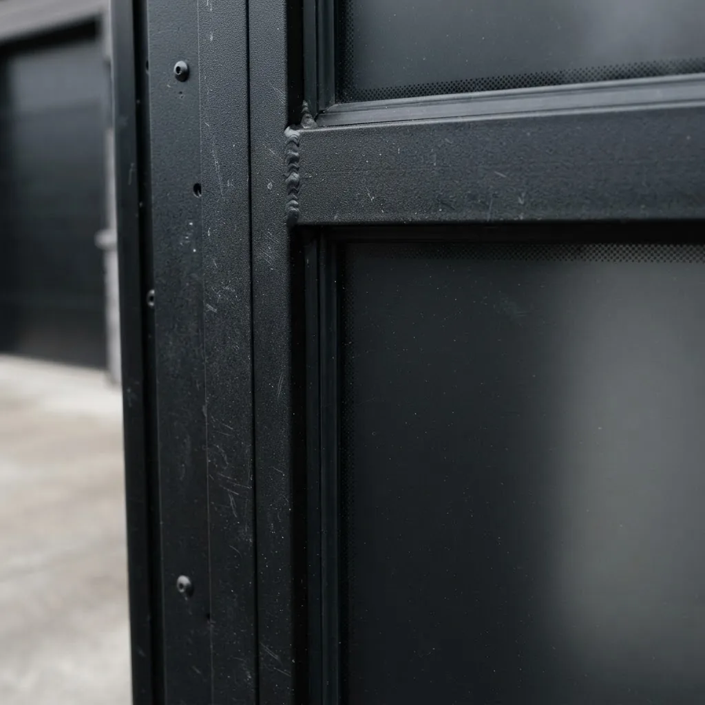 Close-up photo showing detail of black tempered glass combined with steel framing on a garage door panel, focusing on texture and
