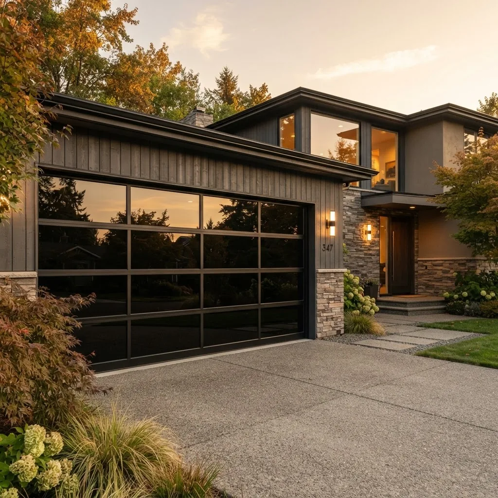 A high-resolution photograph of a modern residential garage featuring a sleek black glass garage door, shot at a slight angle during golden