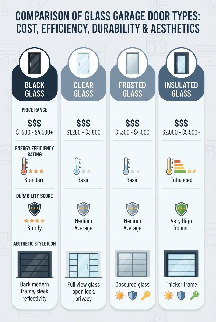 A clean infographic comparing average costs for four types of glass garage doors—black glass, clear glass, frosted glass, and insulated