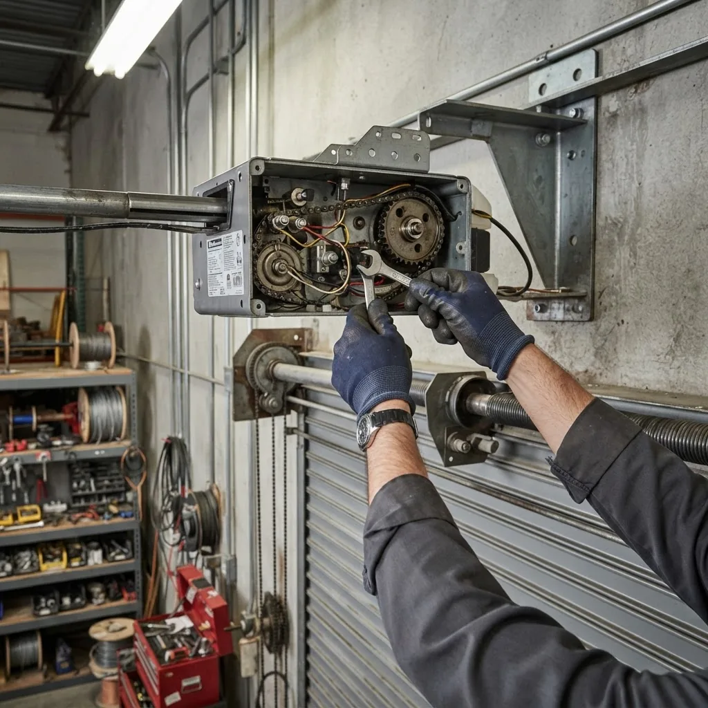 Close-up image of a commercial garage door opener mounted above a steel roll-up door inside a commercial facility, featuring a technician’s