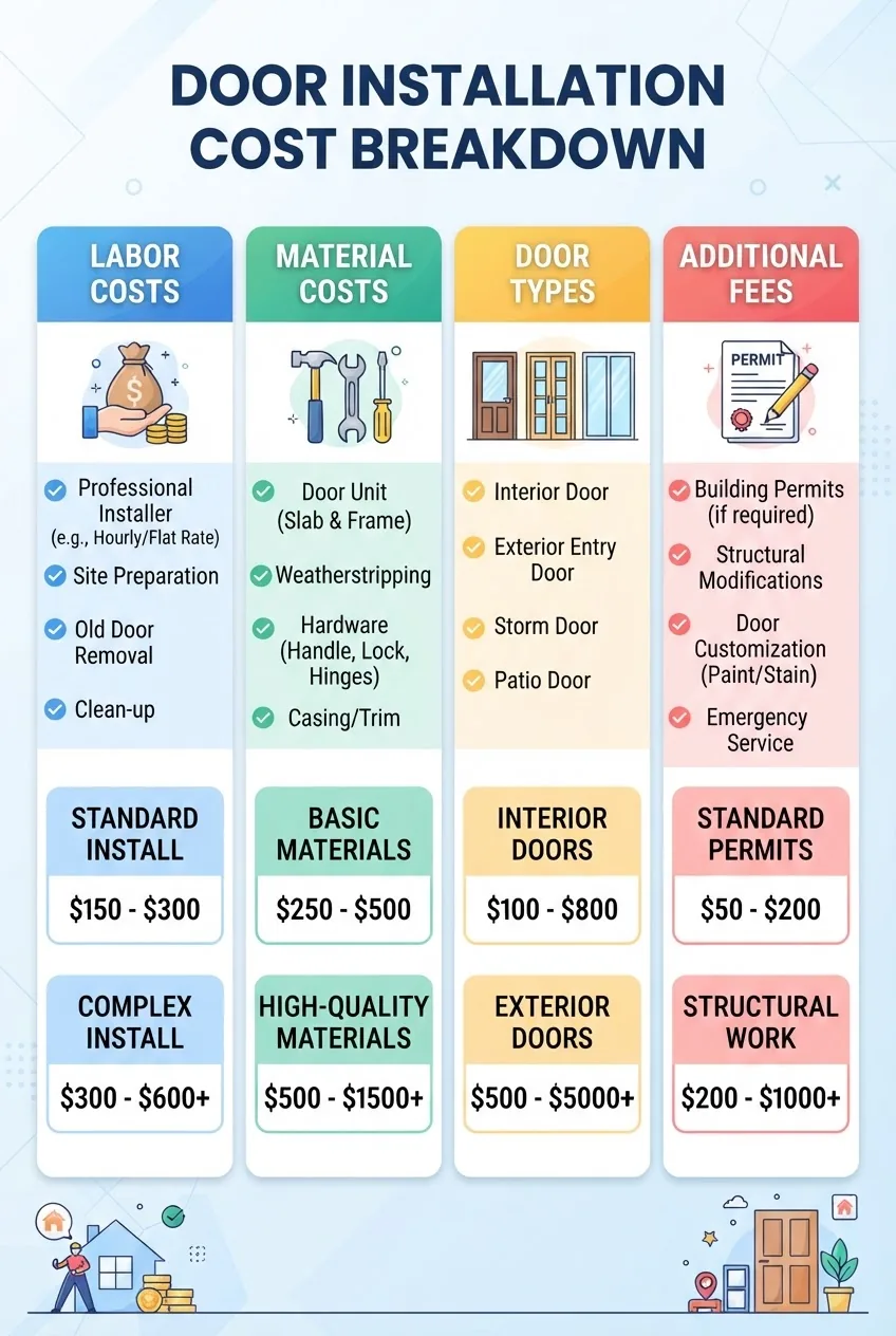 structured in four columns titled: Labor Costs, Material Costs, Door Types, Additional Fees; each column includes an icon, a brief list of