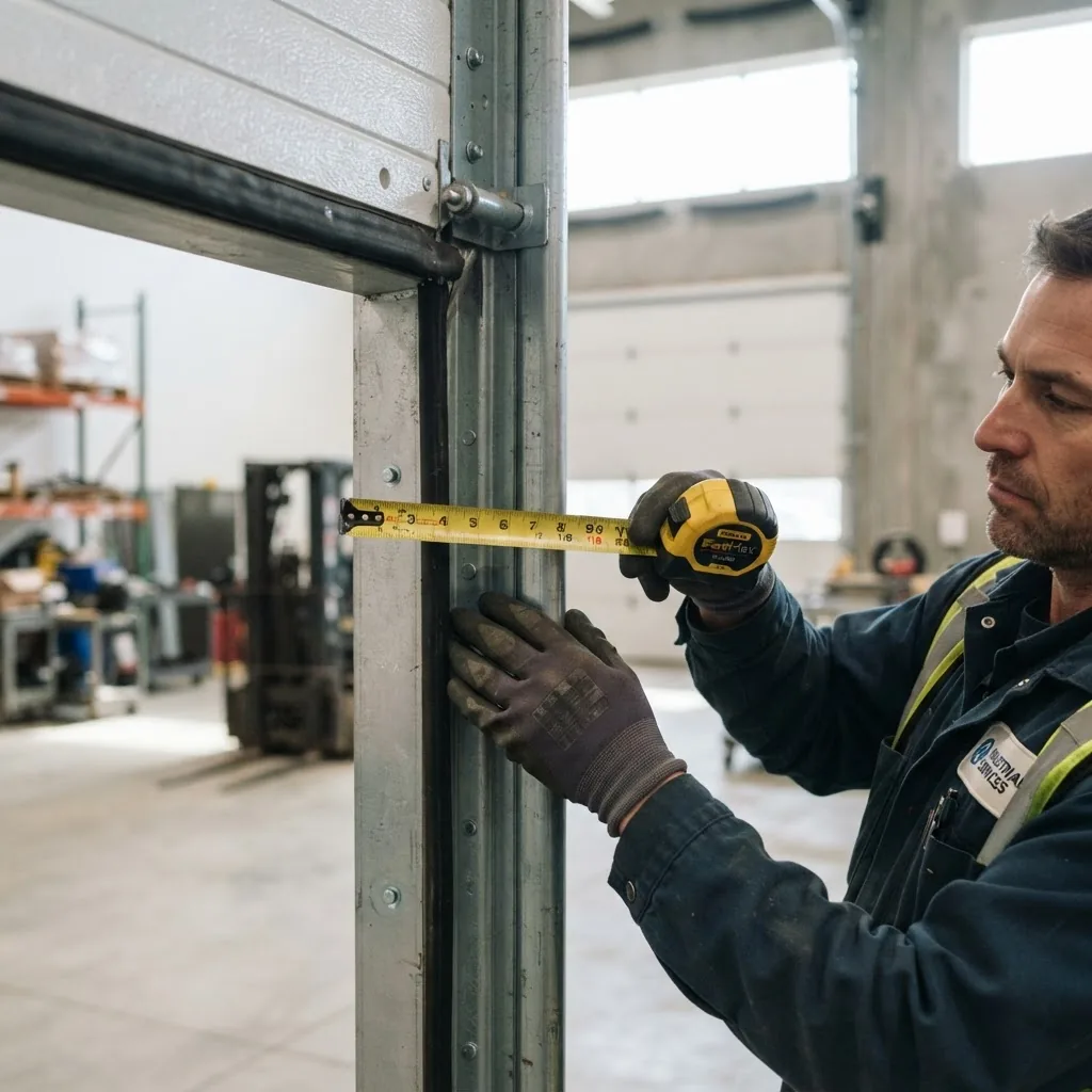 Close-up photo of a professional using a tape measure to measure the width of a large commercial garage door frame, inside a clean