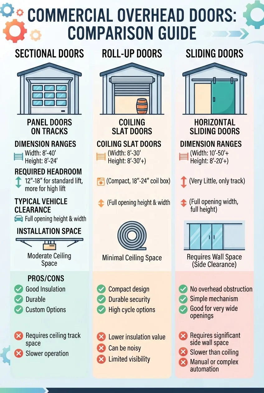 A clean infographic comparing three columns for sectional, roll-up, and sliding commercial overhead doors, each with an icon and dimension