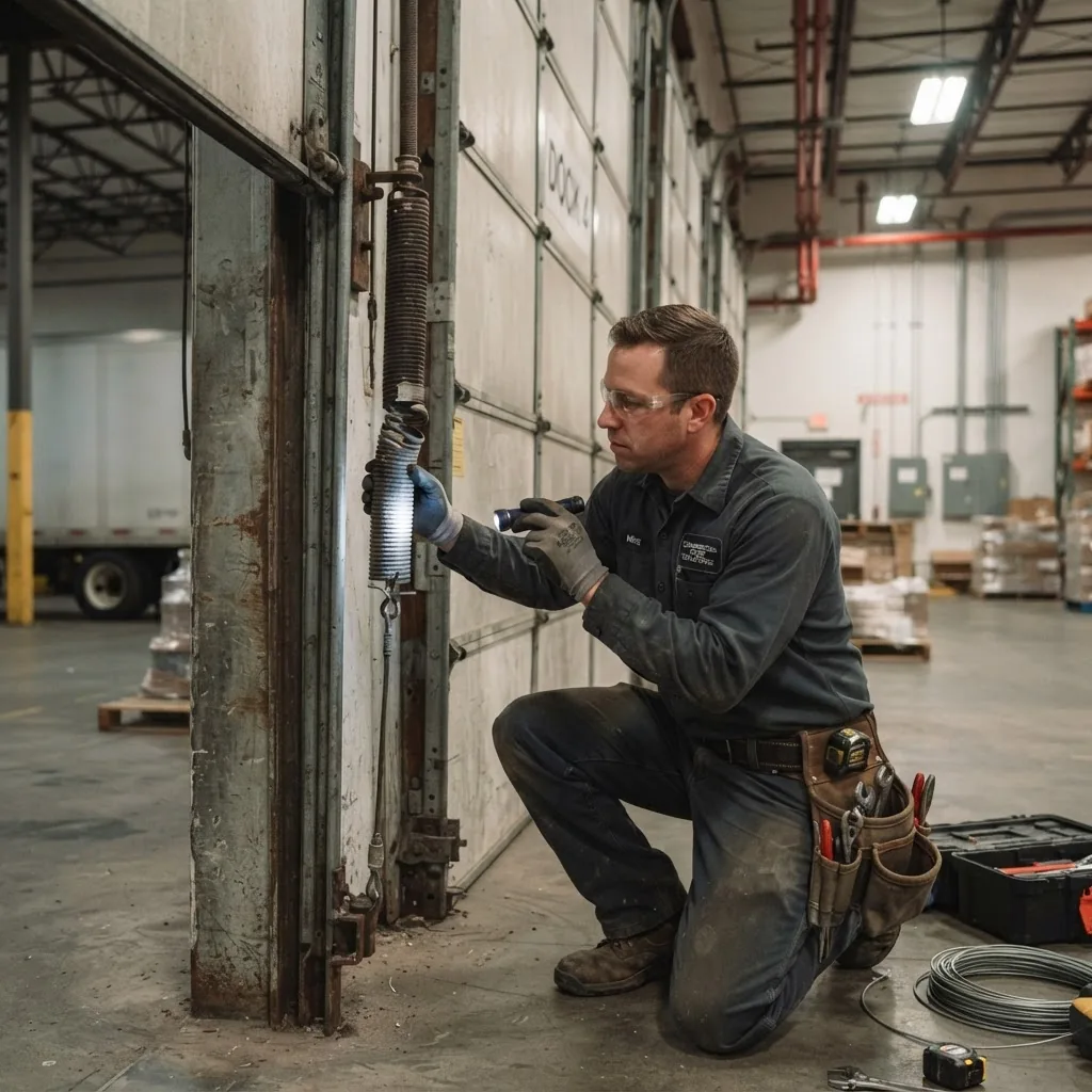 a technician inspecting a damaged roll up garage door spring and track, with tool belt visible, in an industrial commercial loading dock