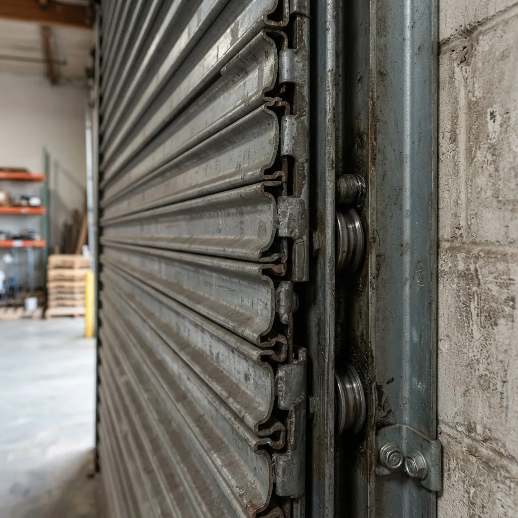 a commercial roll up door in a warehouse setting, showing detail of door slats and side tracks, taken during daytime with natural lighting