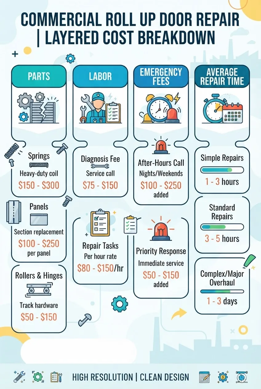 shows a layered cost breakdown for commercial roll up door repair, divided into categories: parts (springs, panels, rollers), labor