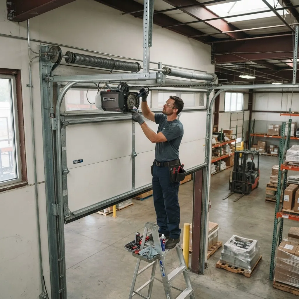 a technician performing preventive maintenance on an overhead commercial garage door motor and weather seals in a commercial warehouse