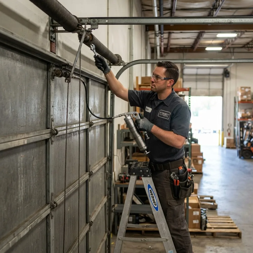 a commercial garage door technician lubricating rollers and inspecting springs on a large steel overhead door in an industrial setting,