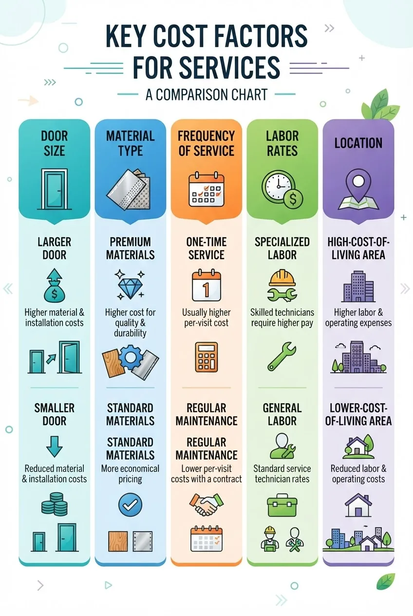 Clean, modern infographic showing a five-column comparison chart detailing cost factors: Door Size, Material Type, Frequency of Service,