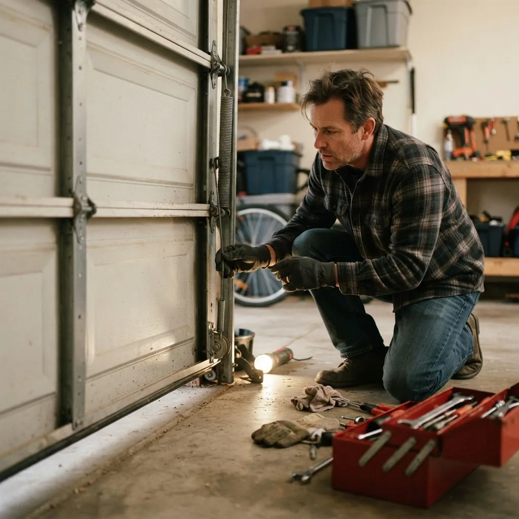 a homeowner cautiously inspecting a stuck garage door with safety gloves on, low angle showing tools nearby, soft indoor lighting,