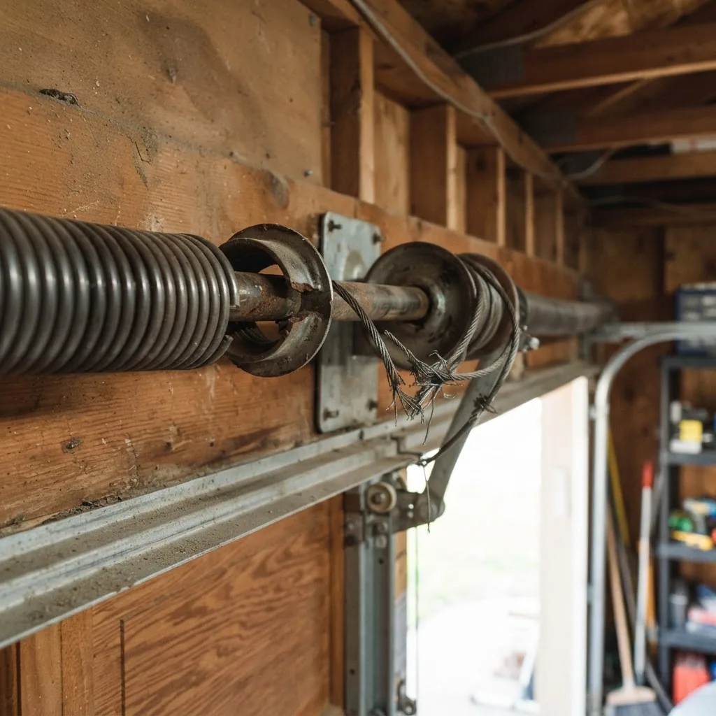 a broken garage door spring with a cracked cable, framed at eye level in a residential garage, natural daylight filtering in, highlighting