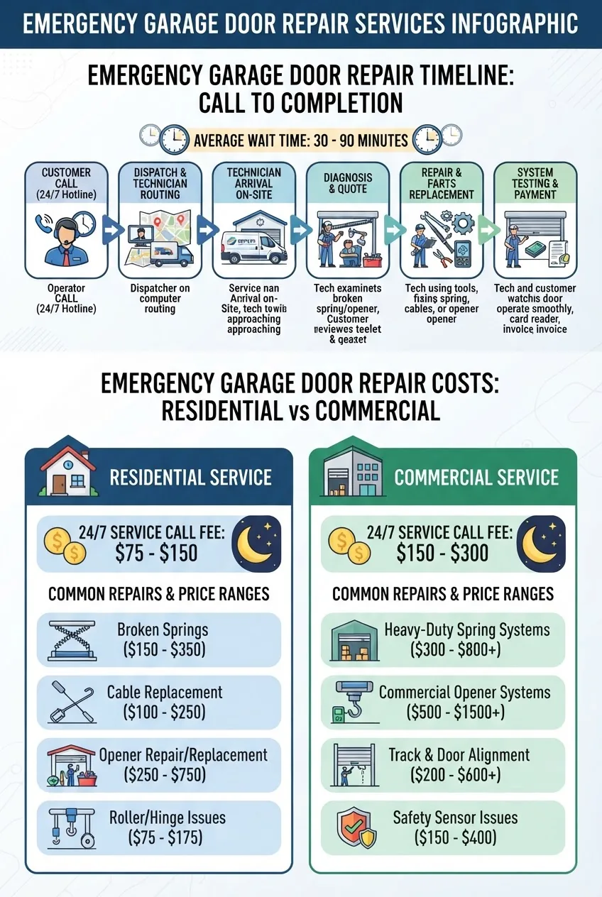 a timeline from call to repair completion, side-by-side cost brackets for residential versus commercial emergency garage door repairs, with