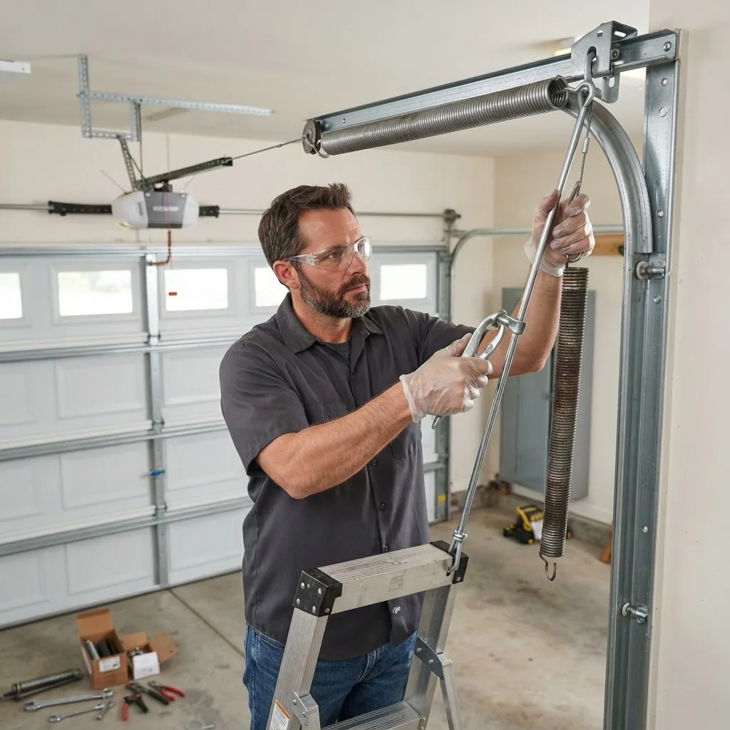 illustrating a person wearing protective gloves and safety goggles using specialized spring hooks and tools to replace extension garage