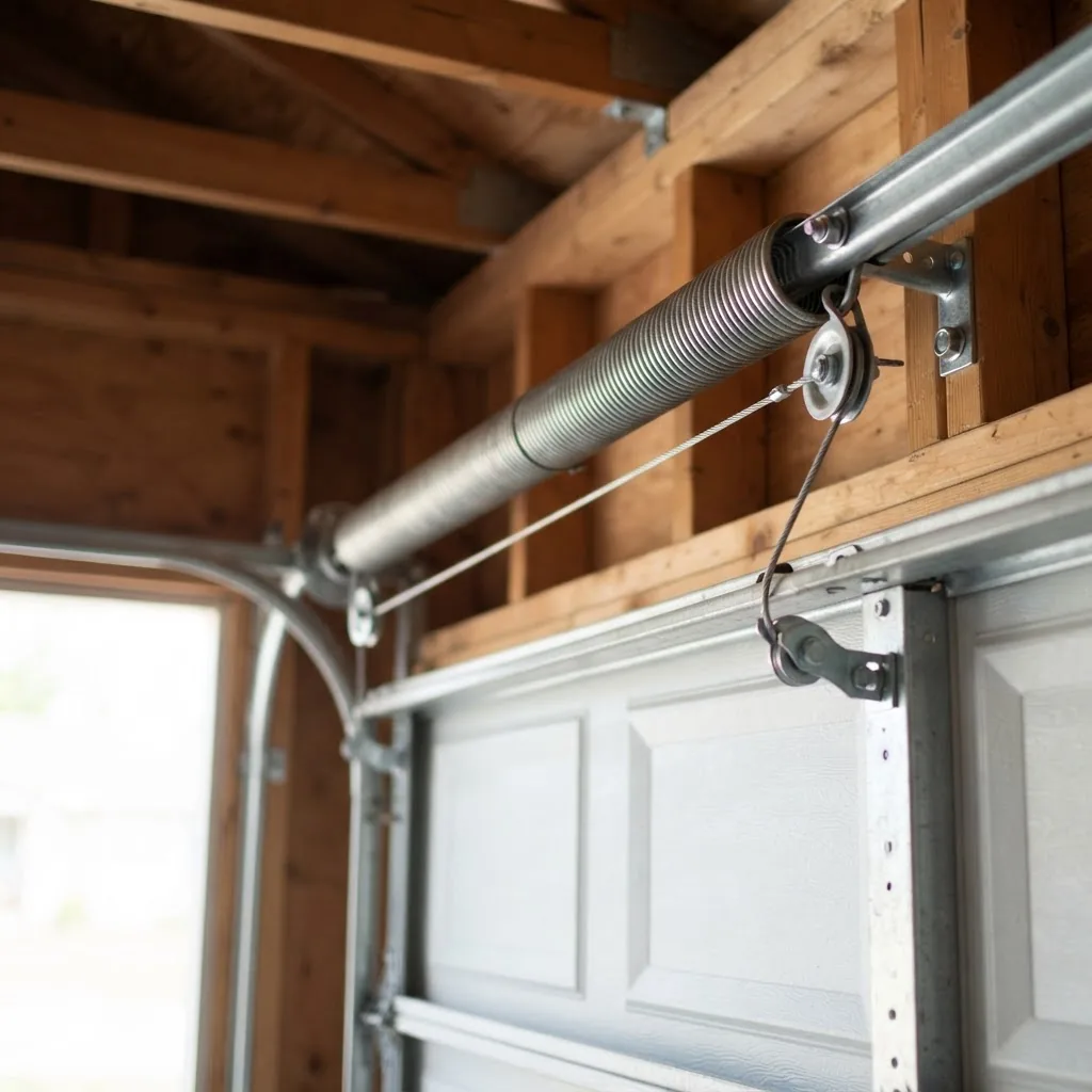 a pair of extension garage door springs installed on a residential garage door, showing the coiled steel springs with safety cables in