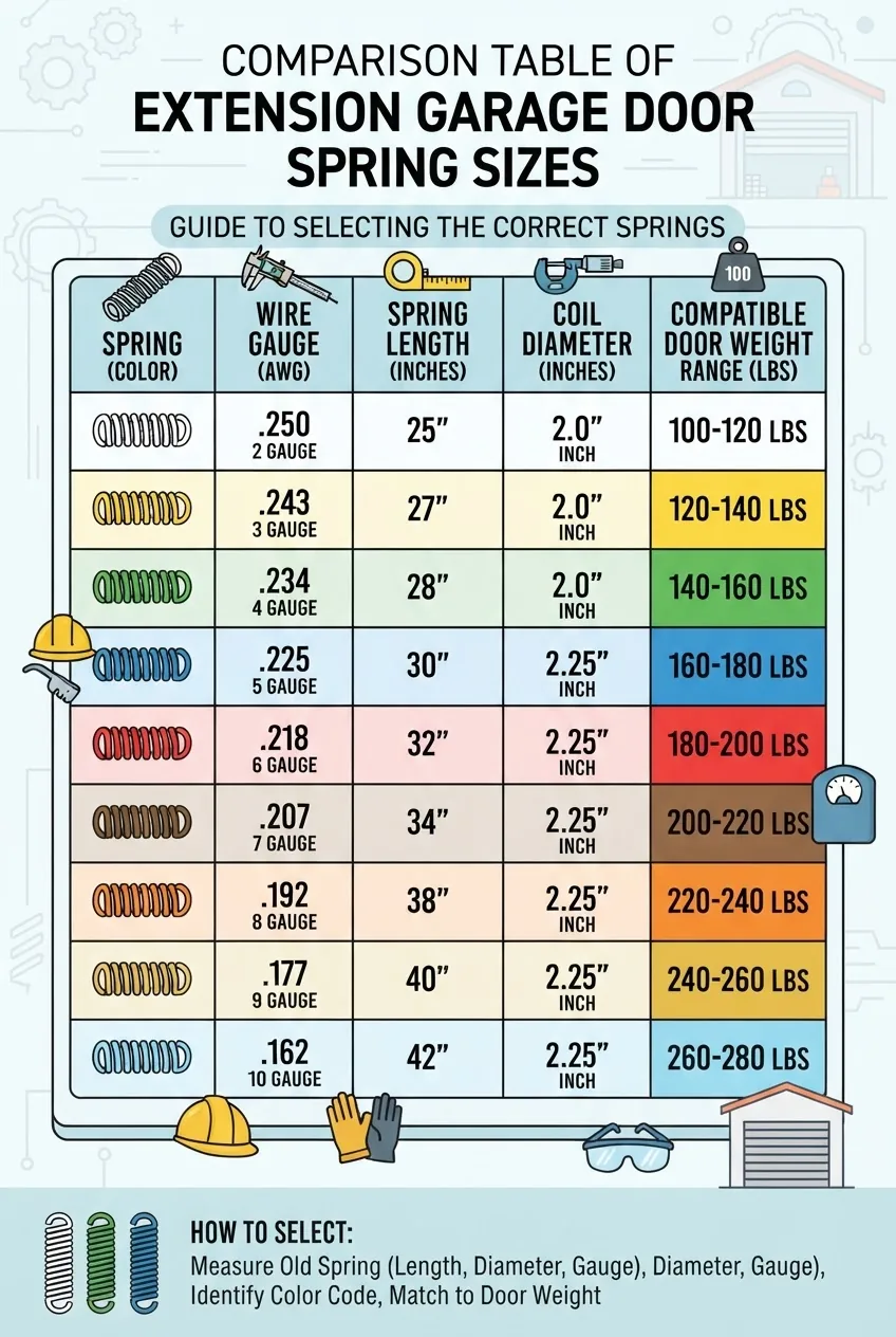 displays a comparison table of extension garage door spring sizes arranged by wire gauge, spring length, coil diameter, and compatible door
