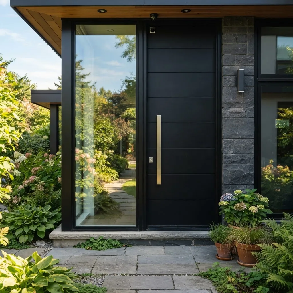 a modern black front exterior door with a tall glass panel on one side, sunlight illuminating the glass, showing reflections of a garden,