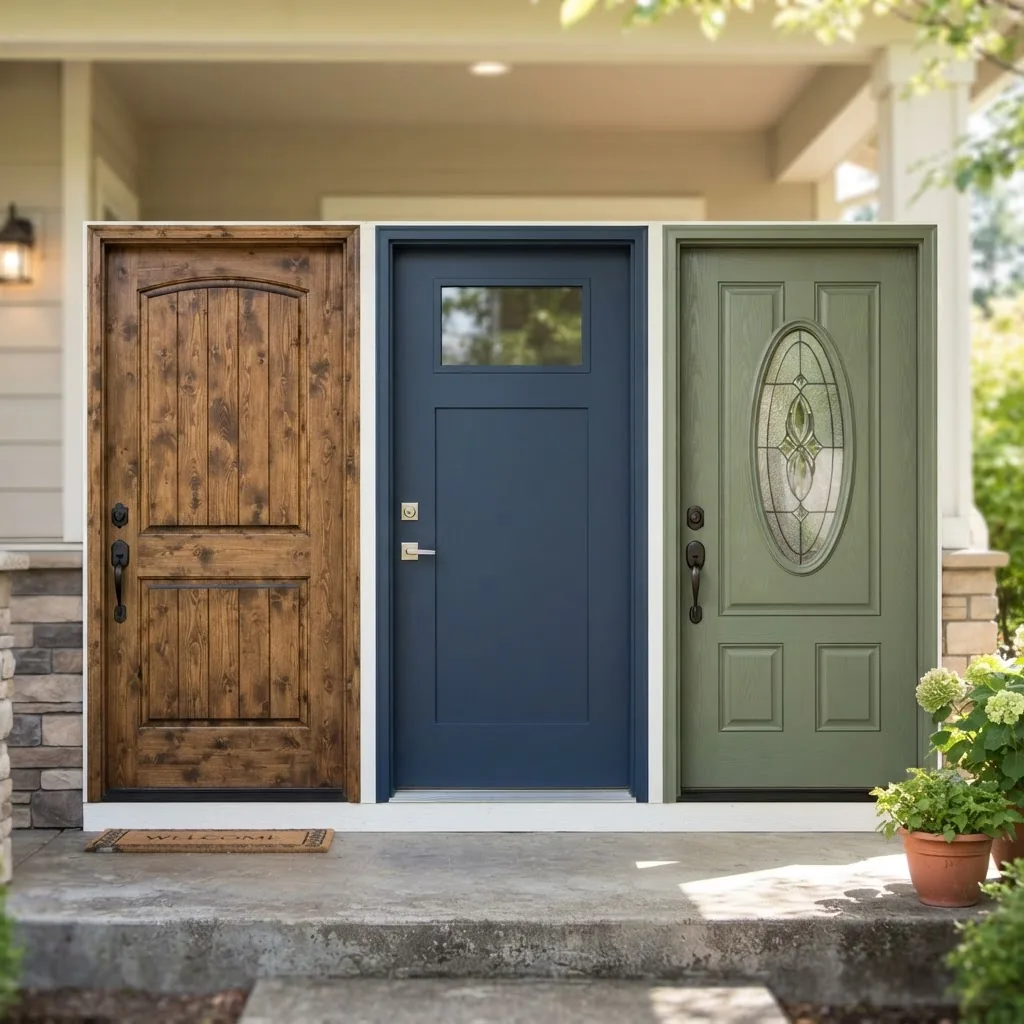 three exterior doors side by side: a wooden door, a steel door, and a fiberglass door, each with a distinct color and texture, shot in
