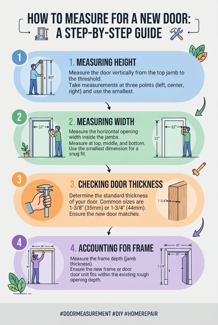 illustrates a step-by-step door measurement process: 1) Measuring height, 2) Measuring width, 3) Checking door thickness, 4) Accounting for
