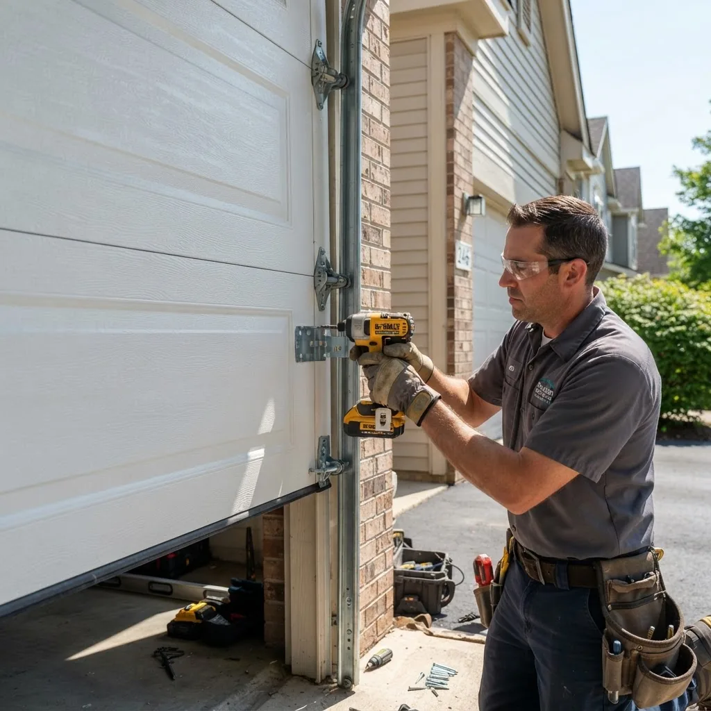 Photo of a professional installing fiberglass garage door panels on a residential garage, focusing on hands with tools attaching panels,