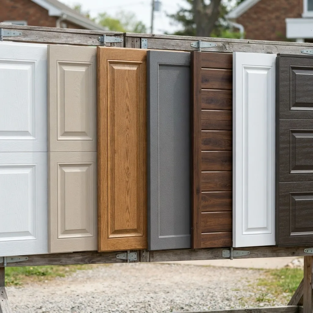 Close-up photo of various fiberglass garage door panels displayed outdoors, showing different panel styles and textures under natural