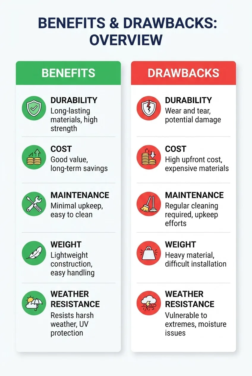 A clean infographic with two columns titled "Benefits" and "Drawbacks" listing bullet points each, with icons representing durability,