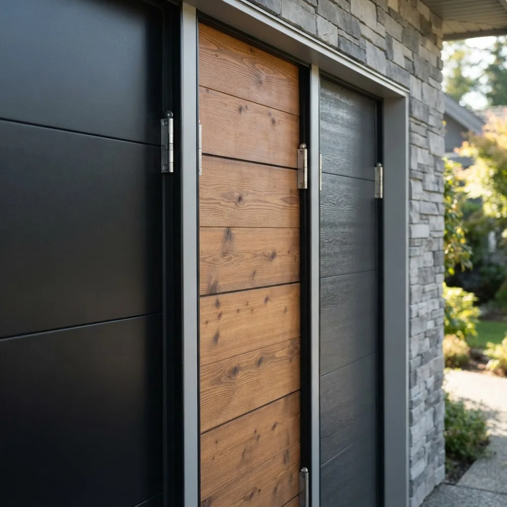 Close-up shots of three flush panel garage door door sections side-by-side: steel, wood, and composite finishes, photographed outdoors with