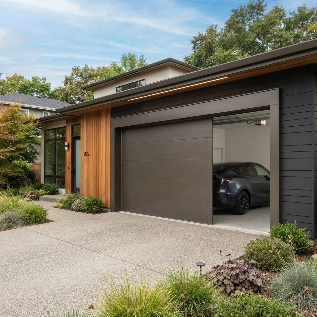A modern suburban home garage exterior featuring a sleek flush panel garage door in natural daylight; angle showing smooth, seamless flat