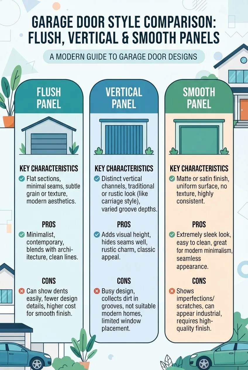 A three-column comparative infographic illustrating flush panel, vertical panel, and smooth panel garage door styles; each column includes