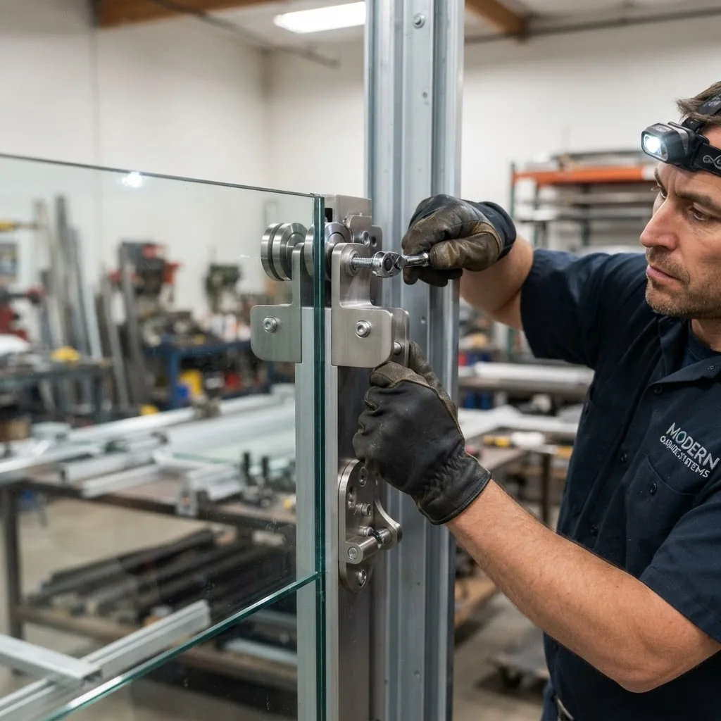 Close-up image of professional installer fitting specialized frameless garage door hardware on a glass garage door track system; workshop