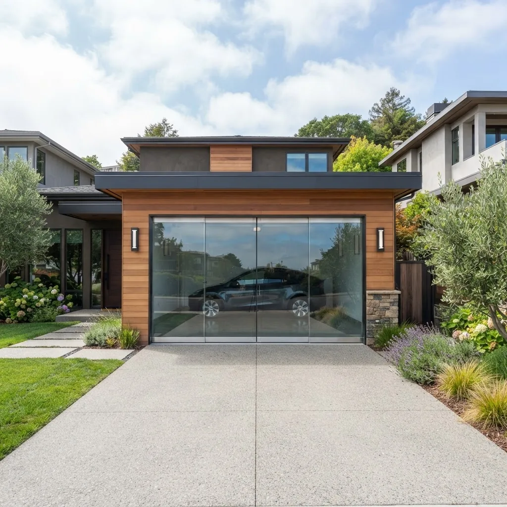 A high-quality photo of a residential modern garage with frameless full-panel glass garage door installed; exterior setting in daylight,