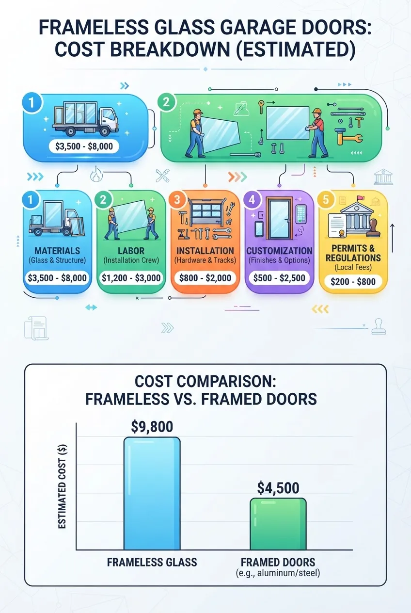 presenting a cost breakdown for frameless glass garage doors with five segments: materials, labor, installation, customization, and