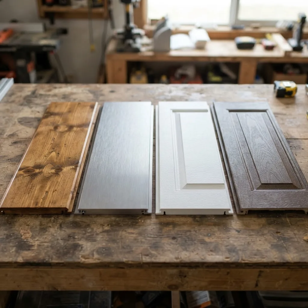 close-up of four garage door panel samples laid flat, showing distinct surfaces: wood grain, metal with brushed texture, white composite,