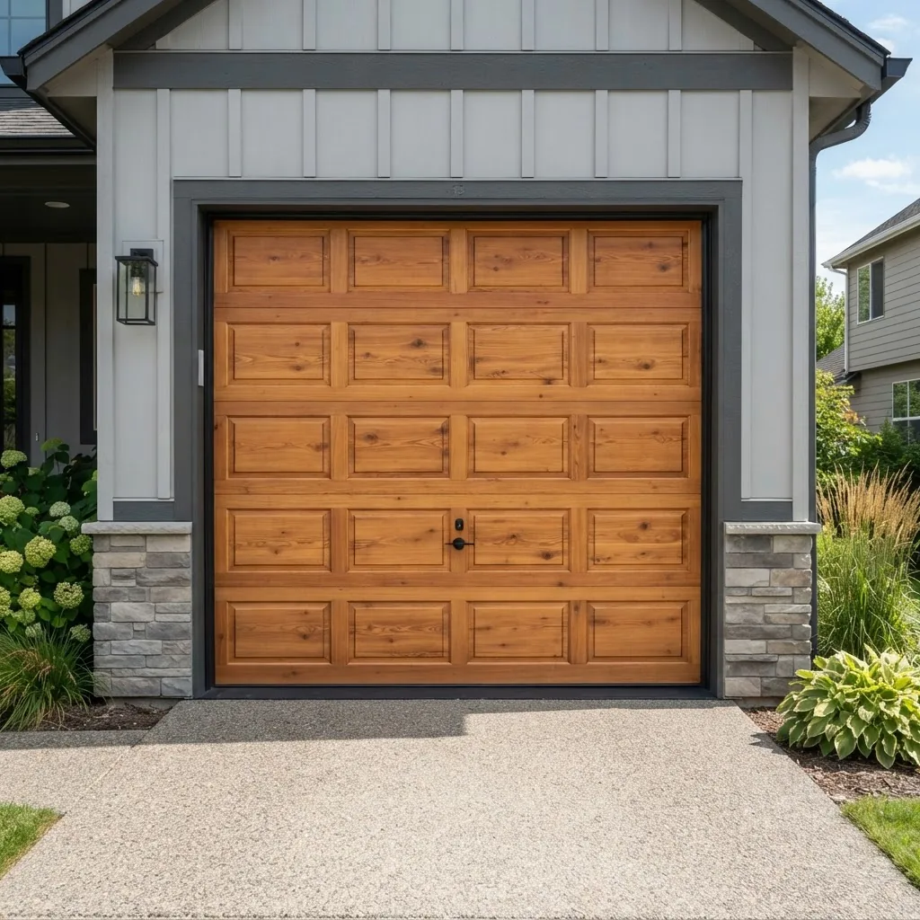 sunlit suburban garage with a modern single-car garage door featuring sleek raised panel decorative cover panels in natural wood finish,