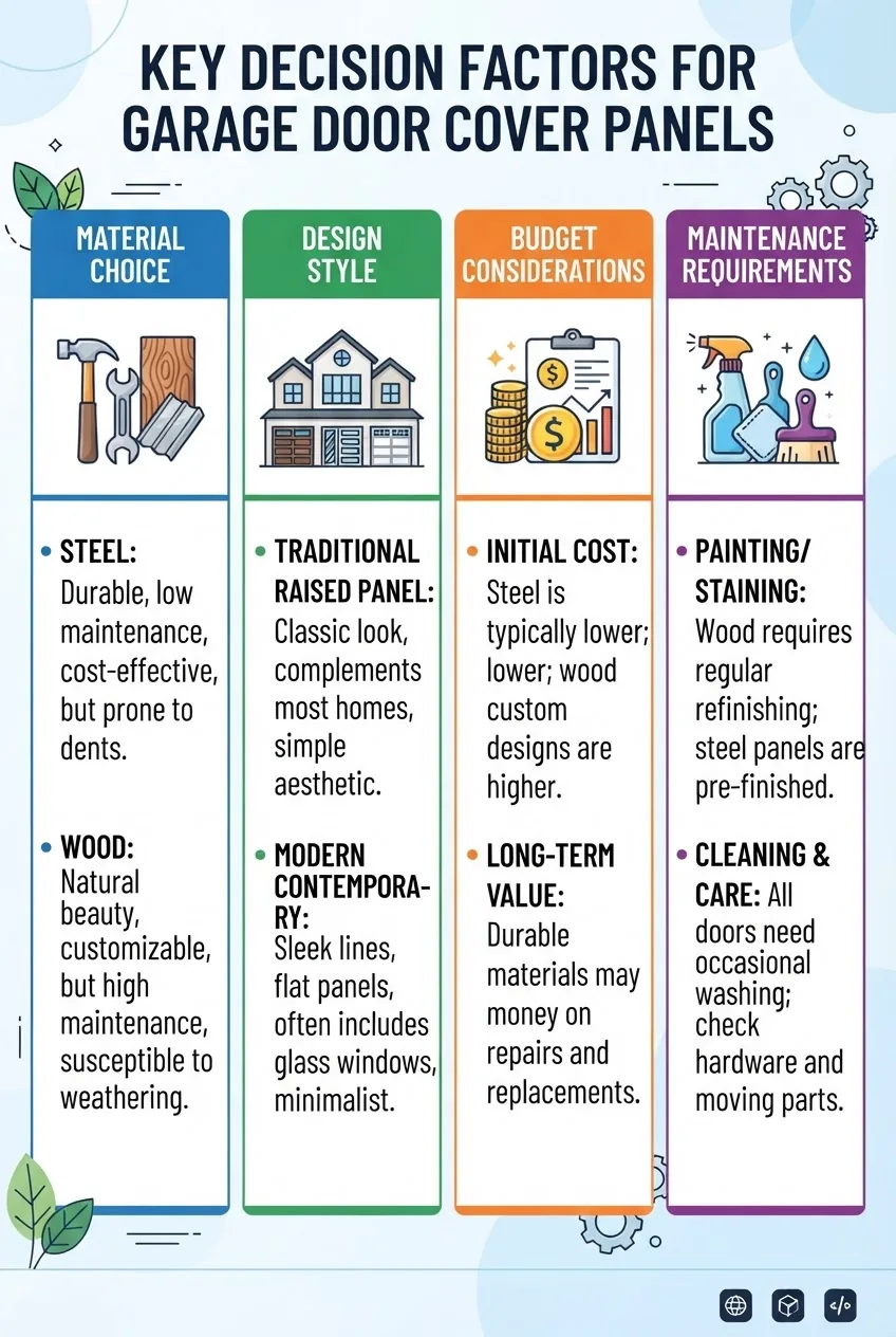 A clean infographic with four columns illustrating key decision factors for garage door cover panels: material choice, design style,