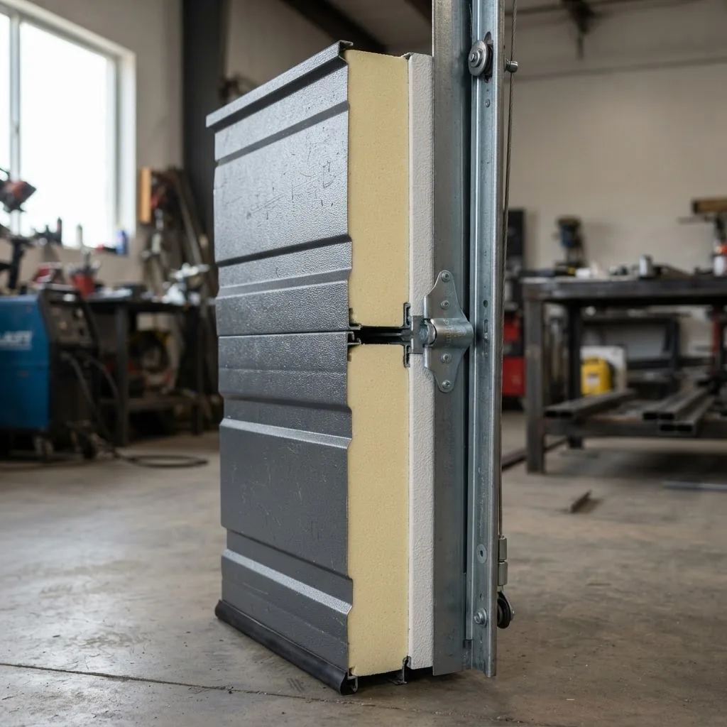 Close-up of a modern steel garage door with insulation visible in a workshop setting, highlighting material texture and quality, with
