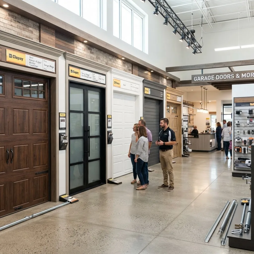 A brightly lit showroom interior featuring a variety of new garage doors displayed in a clean, spacious home improvement retail